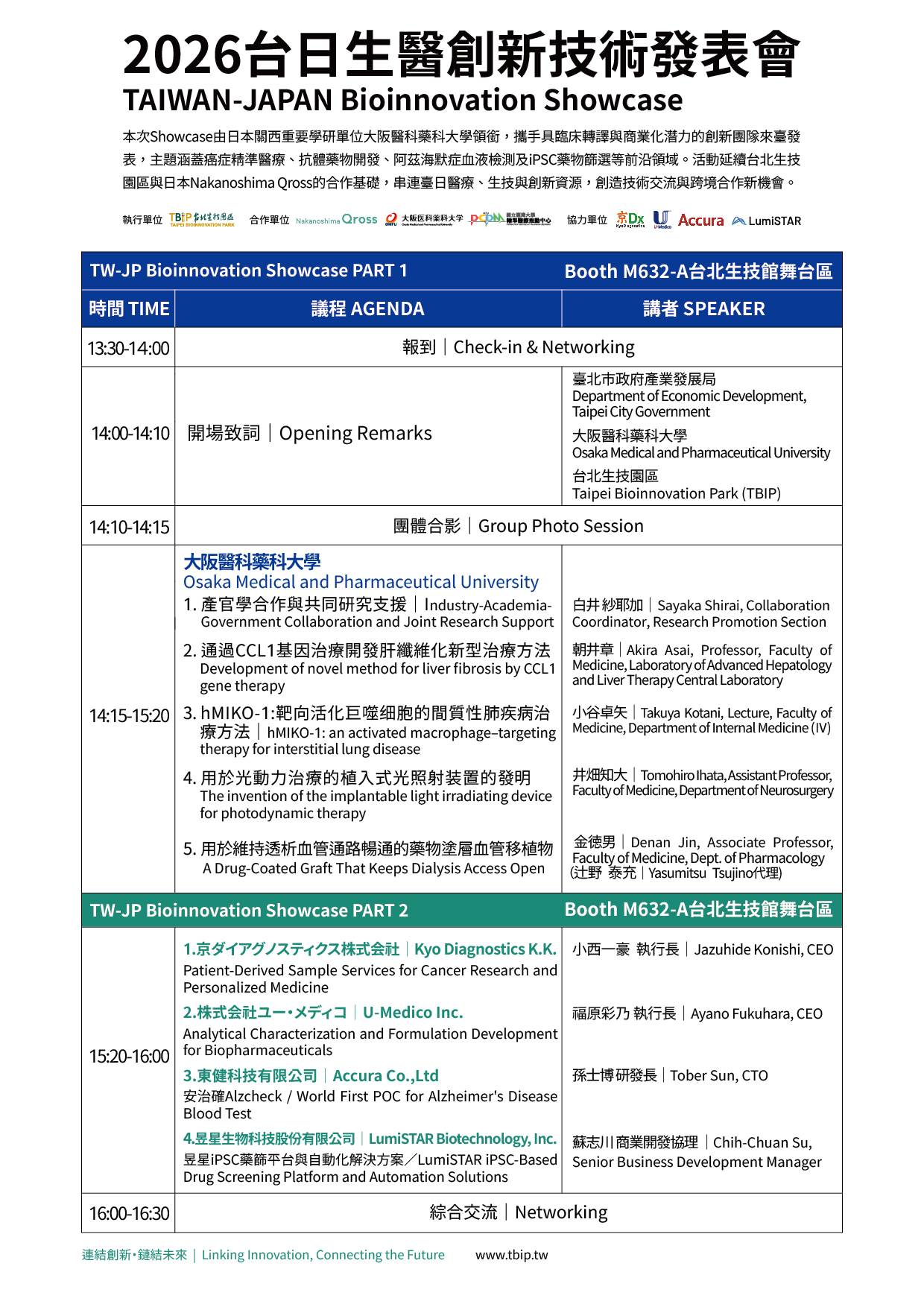 議程【7/17 亞洲生技大展|2026 台日生醫創新技術發表會】TAIWAN-JAPAN Bioinnovation Showcase